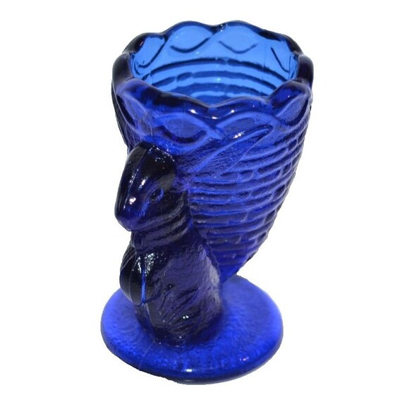 Vtg Cobalt Blue Glass Bunny Rabbit w/ basket Egg Cup Holder Toothpick Easter - Picture 1 of 6